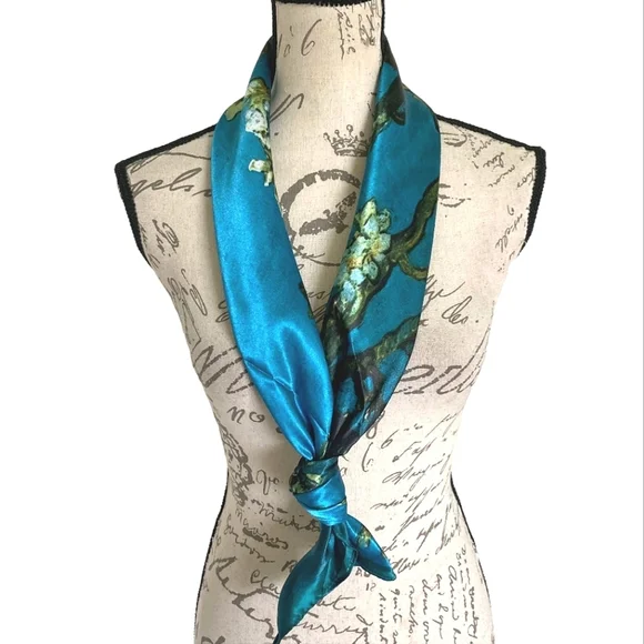 💖 Oversized boho satin blue Floral print print hair neck scarf whimsical - Picture 8 of 15
